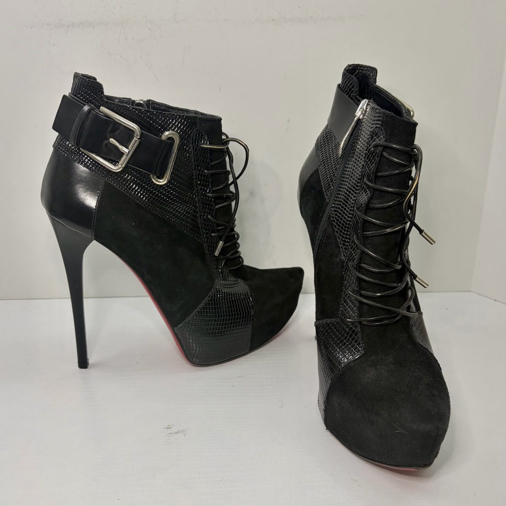 Gianmarco Lorenzi Black Stiletto Heeled Buckle & Snakeskin Ankle Boots Size 7